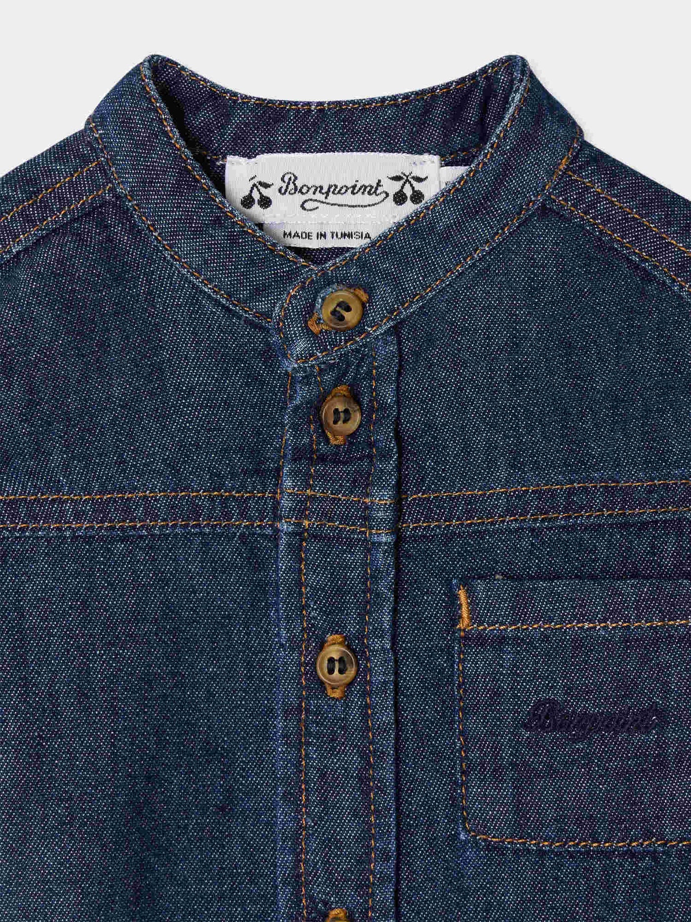 Jace baby shirt with mandarin collar and embroidered pocket in organic cotton