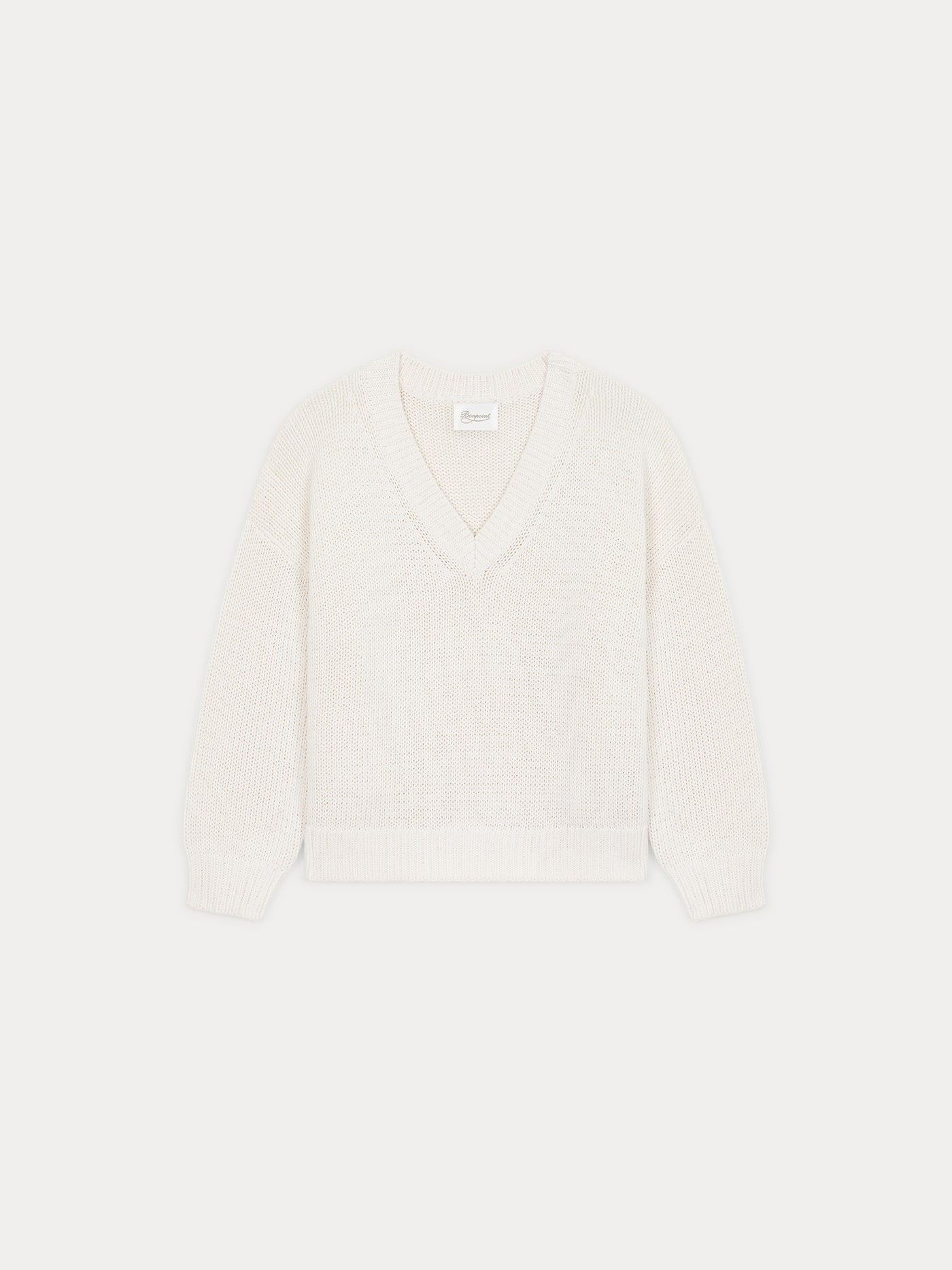 White cotton v-neck chunky knit sweater